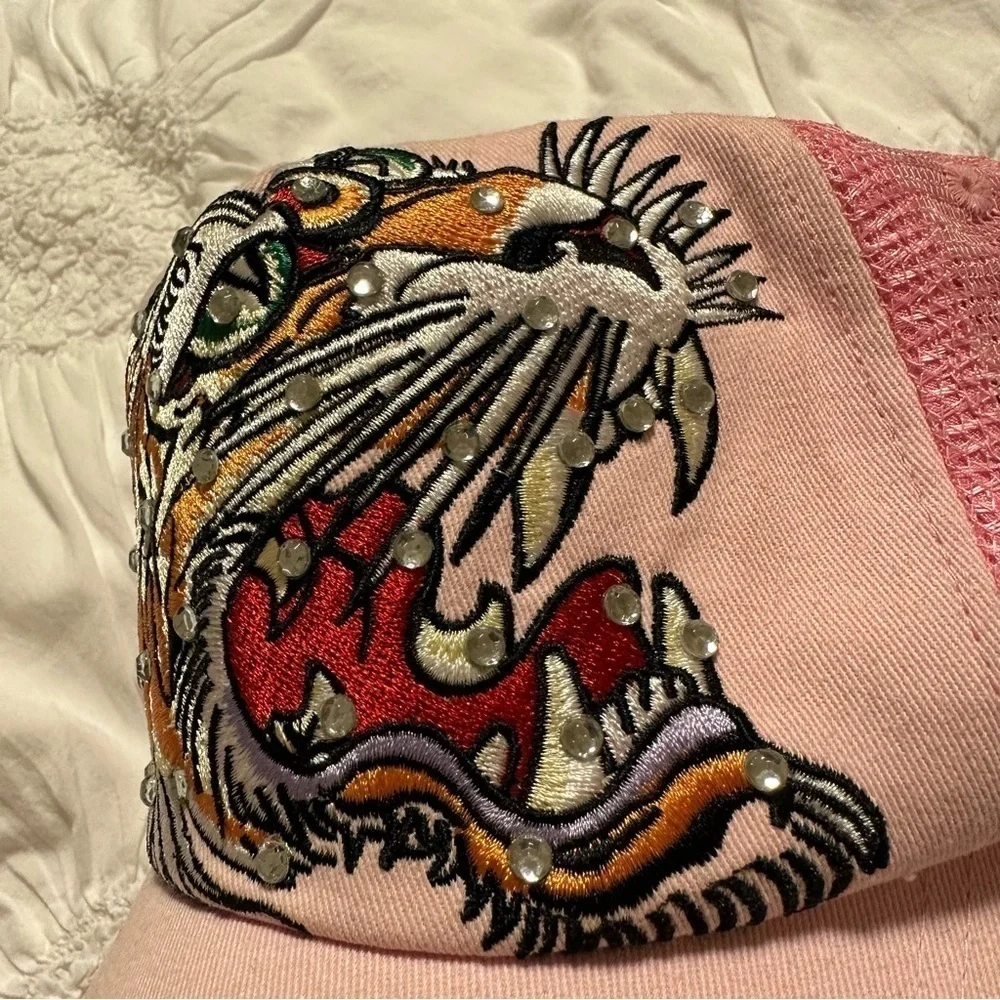 Vintage Ed Hardy Pink Tiger Trucker Baseball Hat Y2K 00s Embroidered Rhinestone